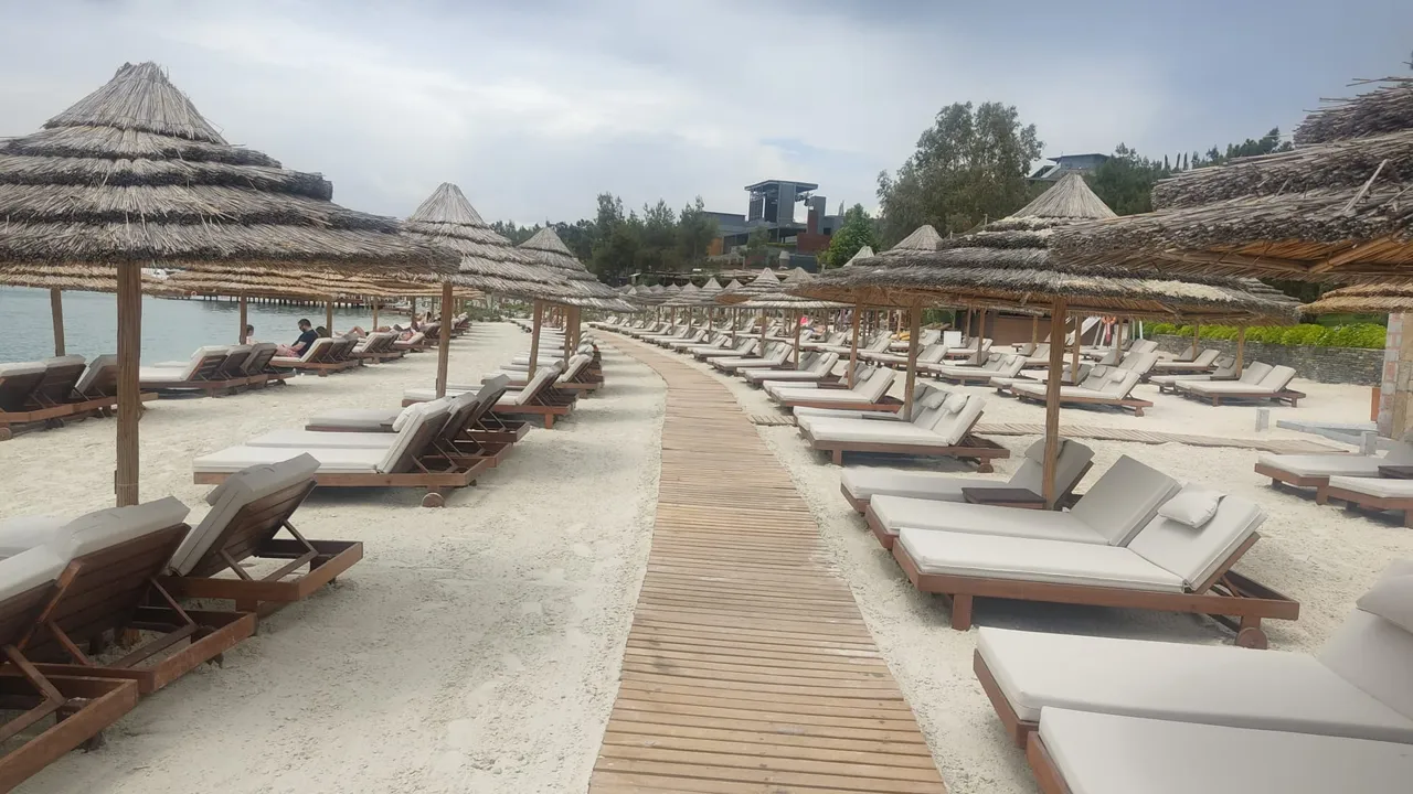Plaj kumu uygulama alanı — şemsiye ve şezlong düzeni